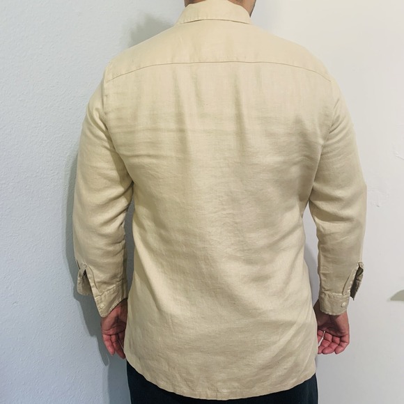 Lauren Ralph Lauren Men 100% Linen Convertible Long Sleeve Light Yellow Shirt L - Picture 3 of 10